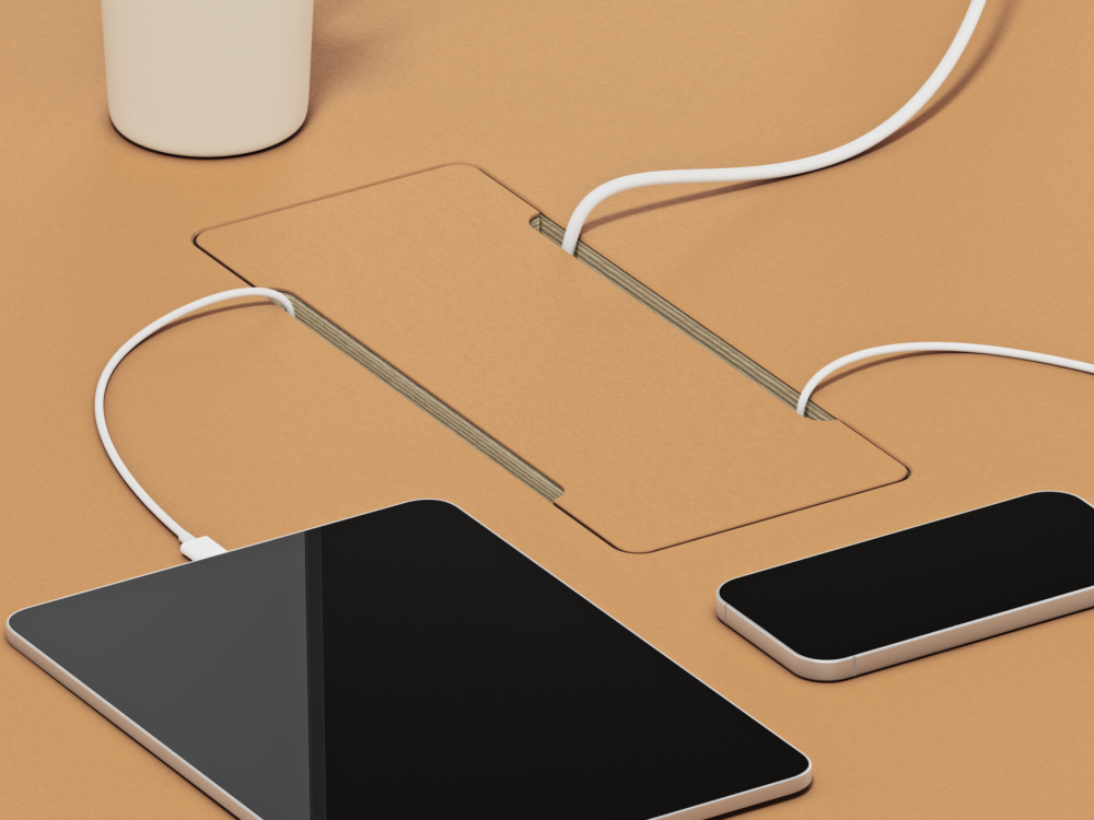 Rechteckiger Linoleum-Kabeldeckel von Keiji Takeuchi für Faust – eingelassen in Linoleum-Tischplatte mit Stiften, Tablet und Zubehör.