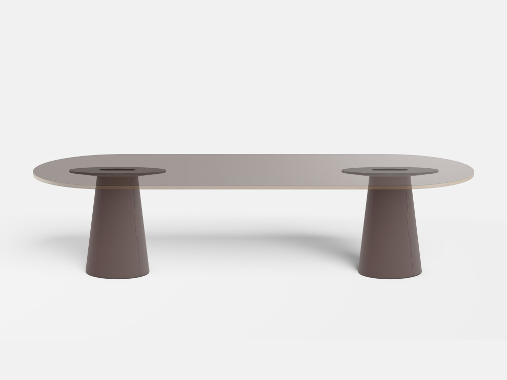 ALT Tischgestell mit zwei dunkelbraunen Konusfüßen, die den Auflagepunkt für eine Tischplatte veranschaulichen.