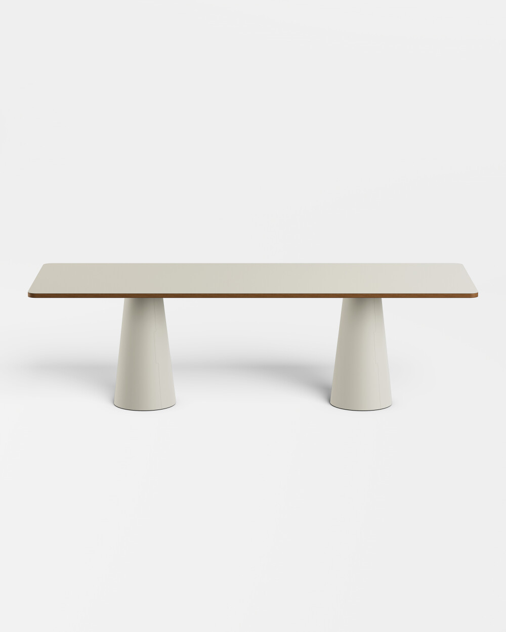 Small ALT conference table by Faust with beige linoleum top and two conical table legs in beige.