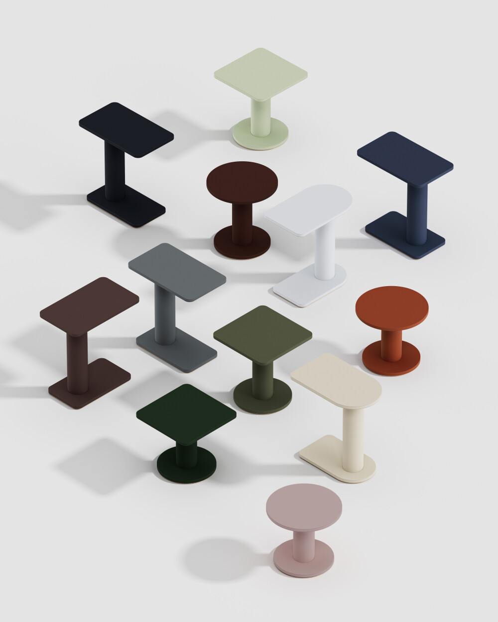 OFF-CUT side tables by Faust with linoleum surfaces in various colors, shapes, and heights—round and square versions.