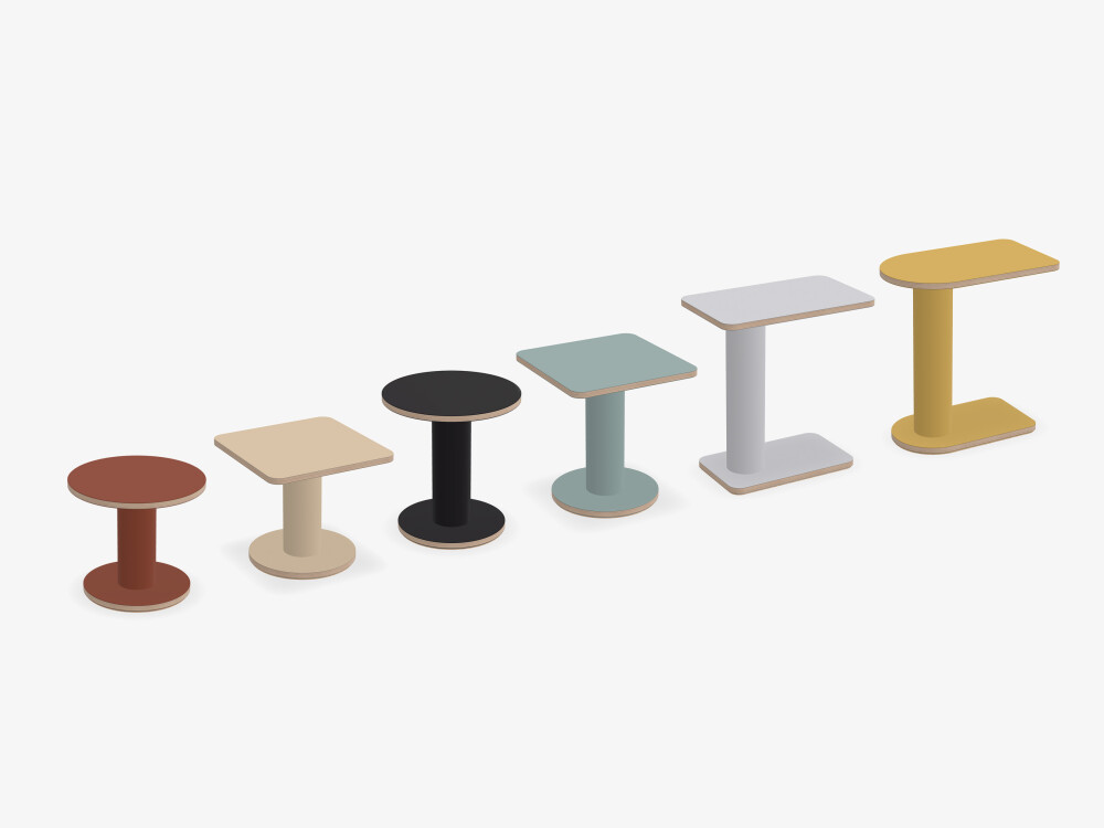 OFF-CUT side tables by Faust in six versions—round, square, and rectangular—shown in different heights and colors.