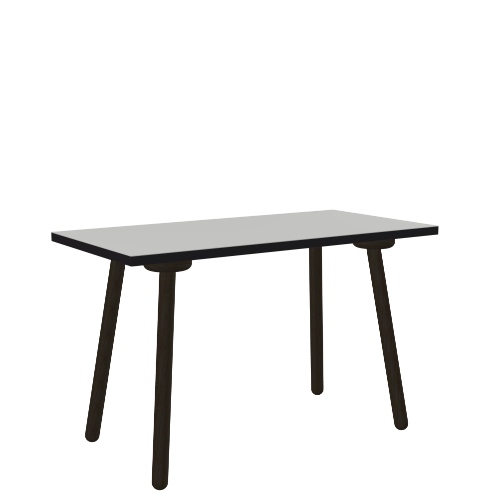 MT2 Tisch - Form Eckig - Länge 120,00 cm - Tiefe 60,00 cm - Radius 0,30 cm - Stärke 3 cm - Oberseite Linoleum, 4175 Pebble - Kern Stäbchenplatte - Kante Linoleum, 4166 Charcoal - Kantenschräge 90° / MT2 Tischbeine - Material und Farbe Holz, Eiche, schwarz gebeizt, matt geölt - Set 4 Tischbeine