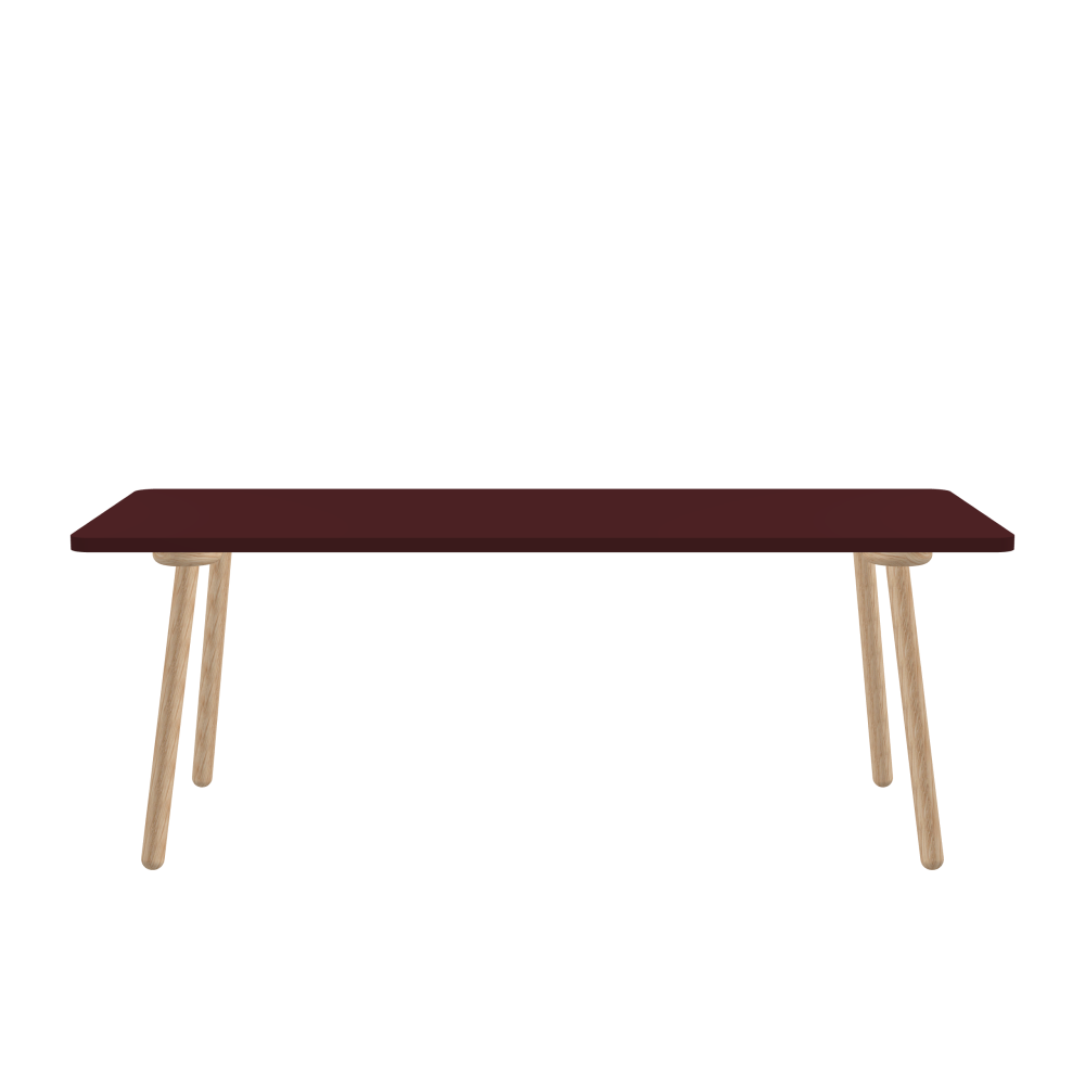 MT2 Tisch - Form Eckig - Länge 200,00 cm - Tiefe 80,00 cm - Radius 5,00 cm - Stärke 3 cm - Freiformfläche 1.00000000 - Oberseite Linoleum, 4154 Burgundy - Kern Stäbchenplatte - Kante Linoleum, 4154 Burgundy - Kantenschräge 90° / MT2 Tischbeine - Material und Farbe Holz, Eiche, natur, matt geölt - Set 4 Tischbeine