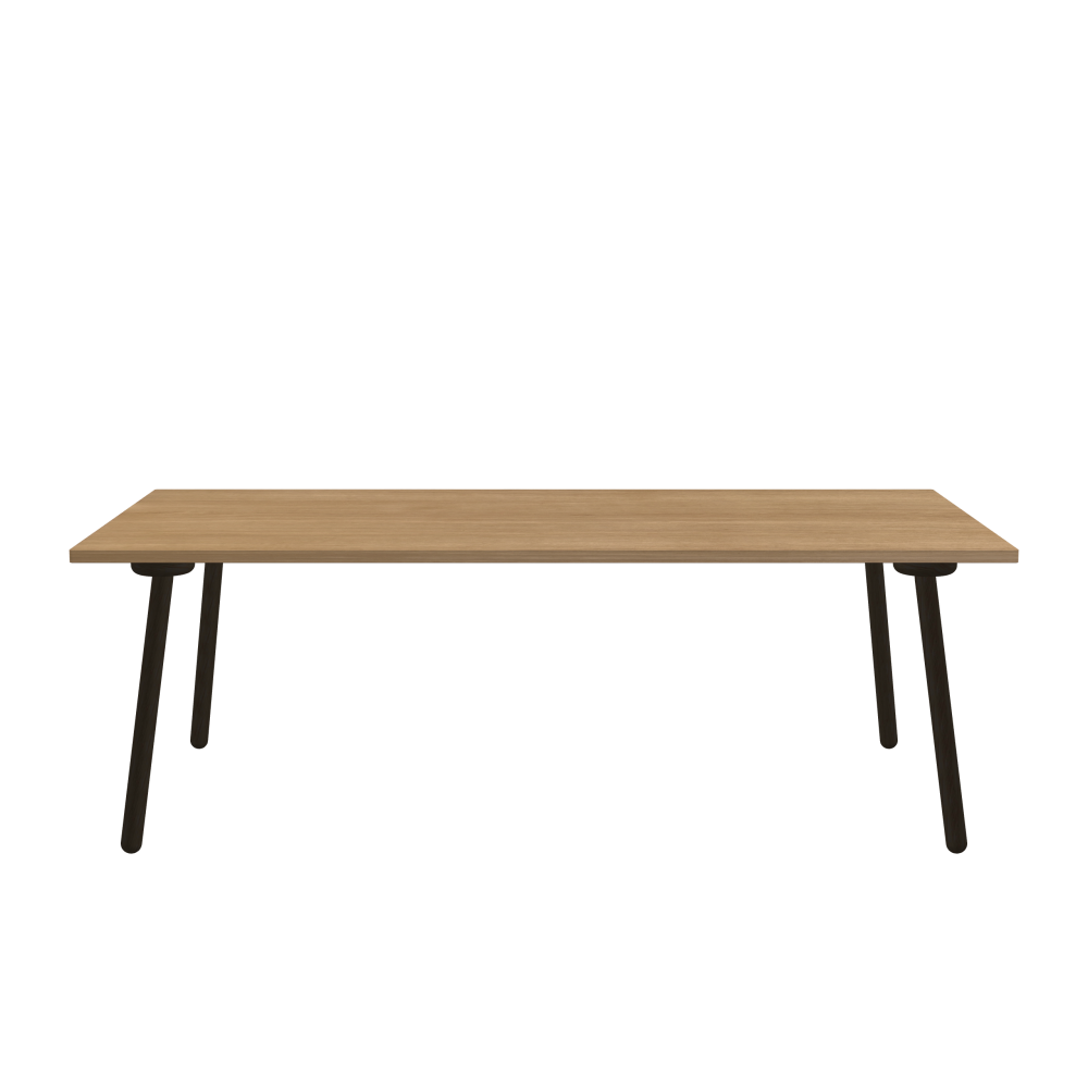 MT2 Tisch - Form Eckig - Länge 220,00 cm - Tiefe 110,00 cm - Radius 1,00 cm - Stärke 2,9 cm - Oberseite Holzfurnier, Eiche - Kern Stäbchenplatte - Kante Holz, Eiche - Kantenschräge 90° / MT2 Tischbeine - Material und Farbe Holz, Eiche, schwarz gebeizt, matt geölt - Set 4 Tischbeine