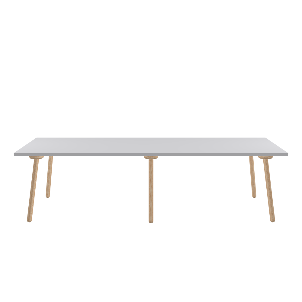 MT2 Tisch - Form Eckig - Länge 280,00 cm - Tiefe 120,00 cm - Radius 0,30 cm - Stärke 3 cm - Oberseite Linoleum, 4177 Vapour - Kern Stäbchenplatte - Kante Linoleum, 4177 Vapour - Kantenschräge 90° / MT2 Tischbeine - Material und Farbe Holz, Eiche, natur, matt geölt - Set 6 Tischbeine