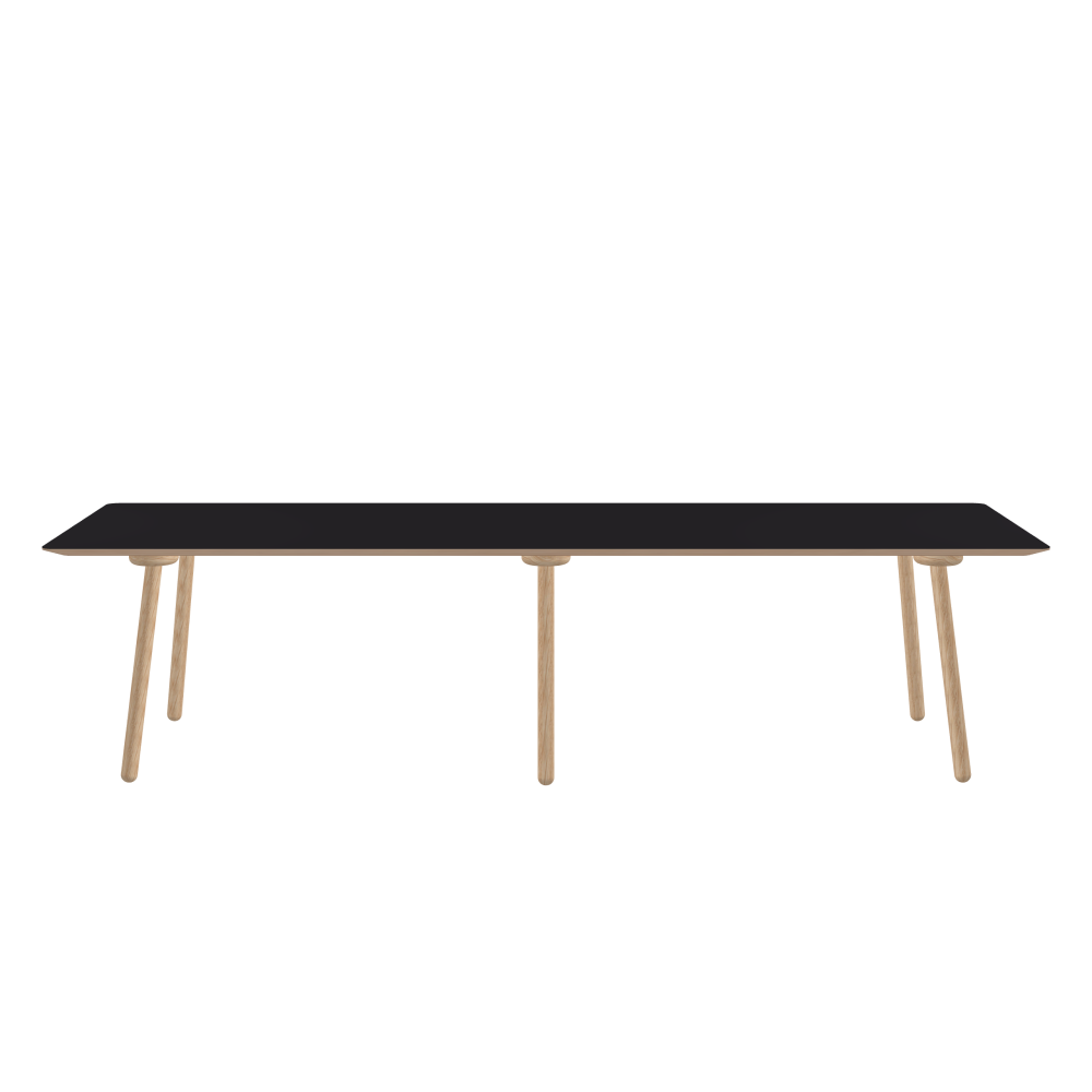 MT2 Tisch - Form Eckig - Länge 300,00 cm - Tiefe 100,00 cm - Radius 4,00 cm - Stärke 2,9 cm - Freiformfläche 1.00000000 - Oberseite Linoleum, 4166 Charcoal - Kern Multiplex Birke - Kantenschräge 25° / MT2 Tischbeine - Material und Farbe Holz, Eiche, natur, matt geölt - Set 6 Tischbeine