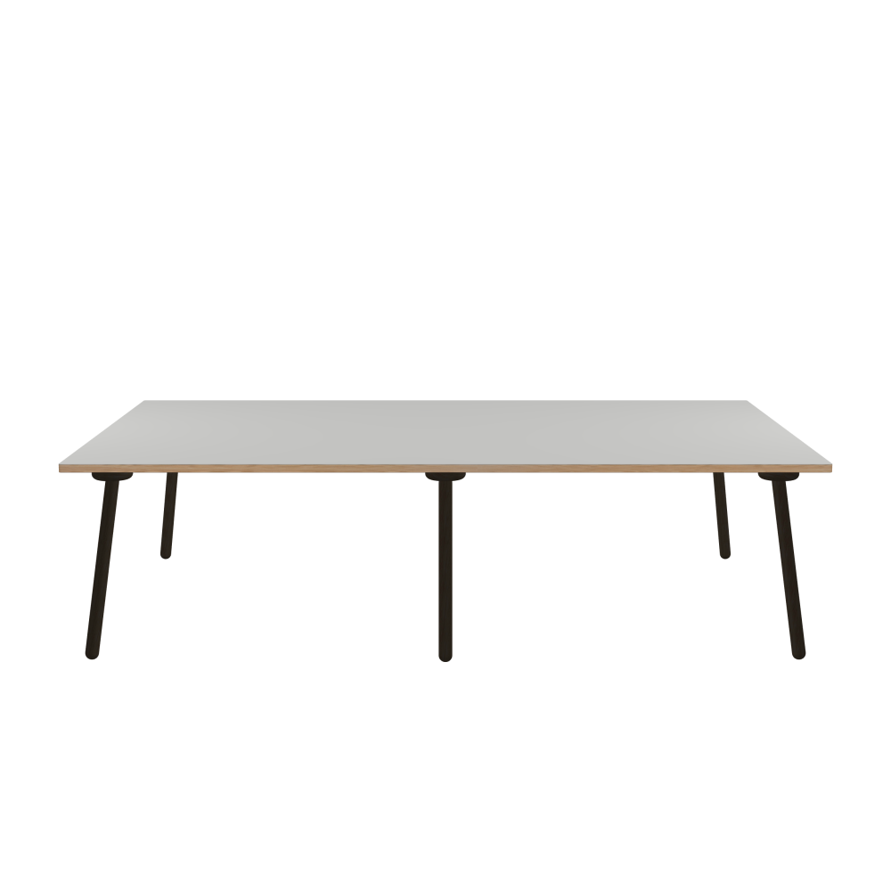 MT2 Tisch - Form Eckig - Länge 280,00 cm - Tiefe 180,00 cm - Radius 1,00 cm - Stärke 3 cm - Oberseite Linoleum, 4175 Pebble - Kern Stäbchenplatte - Kante Holz, Lärche - Kantenschräge 90° / MT2 Tischbeine - Material und Farbe Holz, Eiche, schwarz gebeizt, matt geölt - Set 6 Tischbeine
