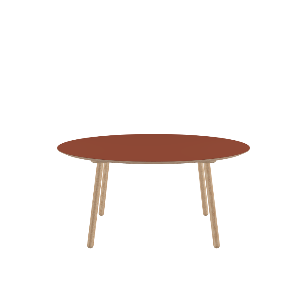 MT2 Tisch - Form Rund - Länge 160,00 cm - Tiefe 160,00 cm - Stärke 2,6 cm - Freiformfläche 1.00000000 - Oberseite Linoleum, 4008 Brick - Kern Multiplex Birke - Kantenschräge 25° / MT2 Tischbeine - Material und Farbe Holz, Eiche, natur, matt geölt - Set 4 Tischbeine