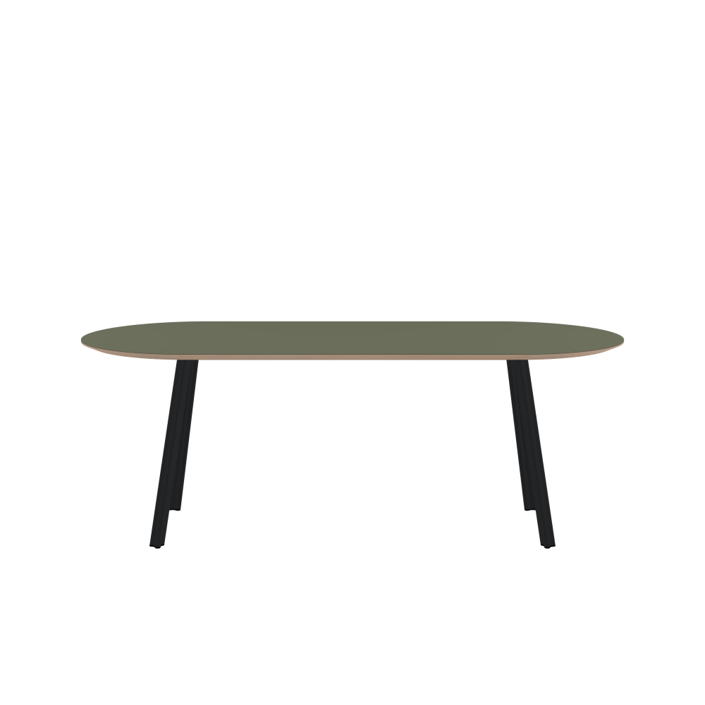 BEAM Table - Shape Square - Length 200.00 cm - Width 85.00 cm - Radius 42.50 cm - Thickness 2.6 cm - Freeform 1.00000000 - Surface Linoleum, 4184 Olive - Core Birch Plywood - Profile Edge 25° / BEAM Table Legs - Material and Colour Aluminium, powder-coated, Black grey (RAL 7021) - Profile strength Standard - Height 71 cm - Set 4 Legs