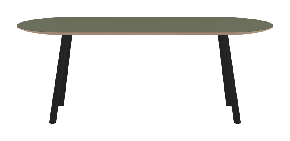 BEAM Table - Shape Square - Length 200,00 cm - Width 85,00 cm - Radius 42,50 cm - Thickness 2.6 cm - Freeform 1.00000000 - Surface Linoleum, 4184 Olive - Core Birch Plywood - Profile Edge 25° / BEAM Table Legs - Material and Colour Aluminium, powder-coated, Black grey (RAL 7021) - Profile strength Standard - Height 71 cm - Set 4 Legs