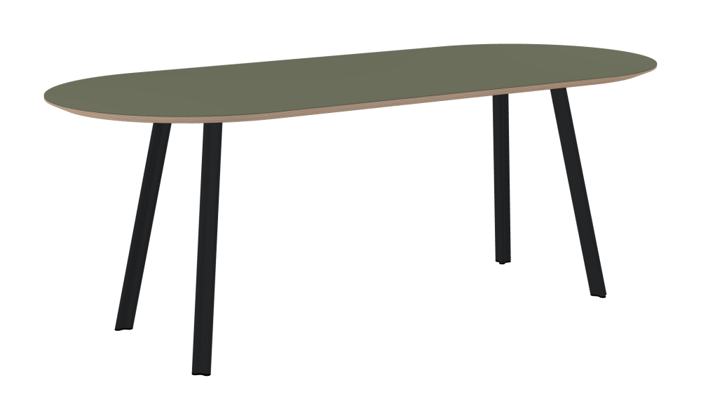 BEAM Table - Shape Square - Length 200,00 cm - Width 85,00 cm - Radius 42,50 cm - Thickness 2.6 cm - Freeform 1.00000000 - Surface Linoleum, 4184 Olive - Core Birch Plywood - Profile Edge 25° / BEAM Table Legs - Material and Colour Aluminium, powder-coated, Black grey (RAL 7021) - Profile strength Standard - Height 71 cm - Set 4 Legs