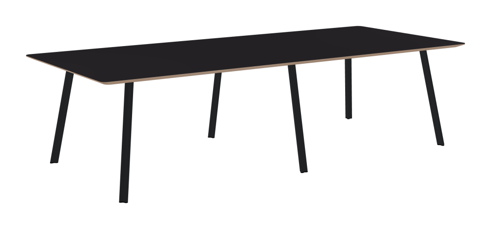 BEAM Table - Shape Square - Length 280,00 cm - Width 120,00 cm - Radius 4,00 cm - Thickness 2.6 cm - Freeform 1.00000000 - Surface Linoleum, 4166 Charcoal - Core Birch Plywood - Profile Edge 25° / BEAM Table Legs - Material and Colour Aluminium, powder-coated, Black grey (RAL 7021) - Profile strength Standard - Height 71 cm - Set 6 Legs