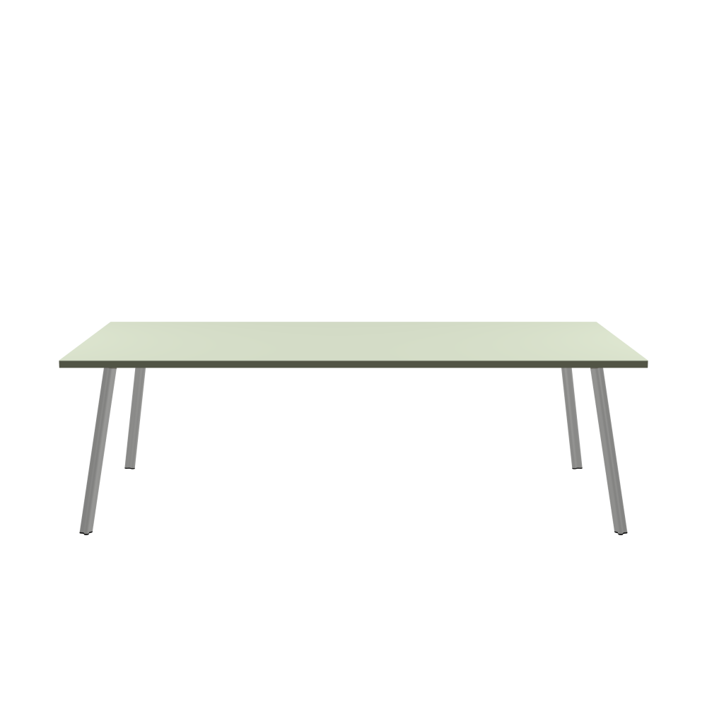 BEAM Table - Shape Square - Length 240.00 cm - Width 120.00 cm - Radius 0.30 cm - Thickness 3 cm - Surface Linoleum, 4183 Pistachio - Core Laminboard - Edge Linoleum, 4184 Olive - Profile Edge 90° / BEAM Table Legs - Material and Colour Aluminium, matt anodised - Profile strength Standard - Height 71 cm - Set 4 Legs