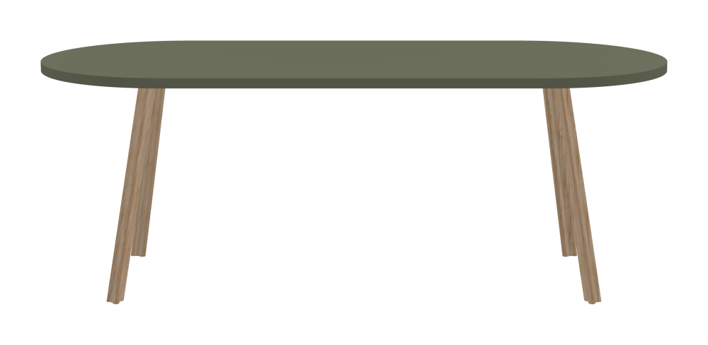 BEAM Table - Shape Square - Length 200,00 cm - Width 85,00 cm - Radius 42,50 cm - Thickness 3 cm - Freeform 1.00000000 - Surface Linoleum, 4184 Olive - Core Laminboard - Edge Linoleum, 4184 Olive - Profile Edge 90° / BEAM Table Legs - Material and Colour Wood, oak, matt oiled - Profile strength Standard - Height 71 cm - Set 4 Legs