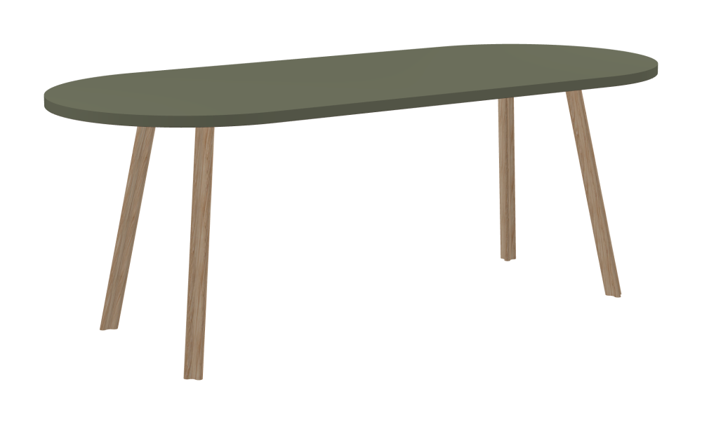 BEAM Table - Shape Square - Length 200,00 cm - Width 85,00 cm - Radius 42,50 cm - Thickness 3 cm - Freeform 1.00000000 - Surface Linoleum, 4184 Olive - Core Laminboard - Edge Linoleum, 4184 Olive - Profile Edge 90° / BEAM Table Legs - Material and Colour Wood, oak, matt oiled - Profile strength Standard - Height 71 cm - Set 4 Legs