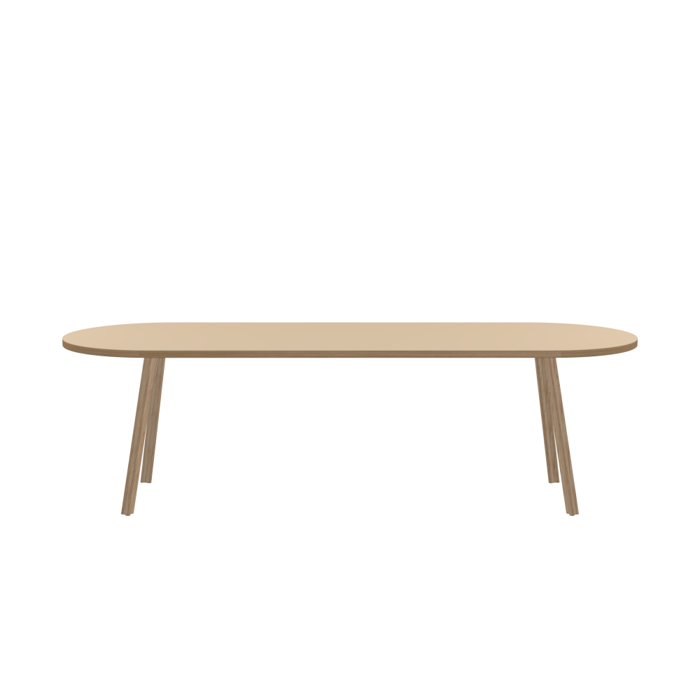 BEAM Tisch - Form Eckig - Länge 250,00 cm - Tiefe 85,00 cm - Radius 42,50 cm - Stärke 3 cm - Freiformfläche 1.00000000 - Oberseite Linoleum, 4007 Macadamia - Kern Stäbchenplatte - Kante Holz, Eiche - Kantenschräge 90° / BEAM Tischbeine - Material und Farbe Holz, Eiche, matt geölt - Profilgröße Normal - Höhe 71 cm - Set 4 Tischbeine