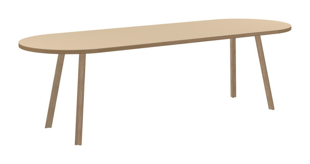 BEAM Table - Shape Square - Length 250,00 cm - Width 85,00 cm - Radius 42,50 cm - Thickness 3 cm - Freeform 1.00000000 - Surface Linoleum, 4007 Macadamia - Core Laminboard - Edge Wood, Oak - Profile Edge 90° / BEAM Table Legs - Material and Colour Wood, oak, matt oiled - Profile strength Standard - Height 71 cm - Set 4 Legs