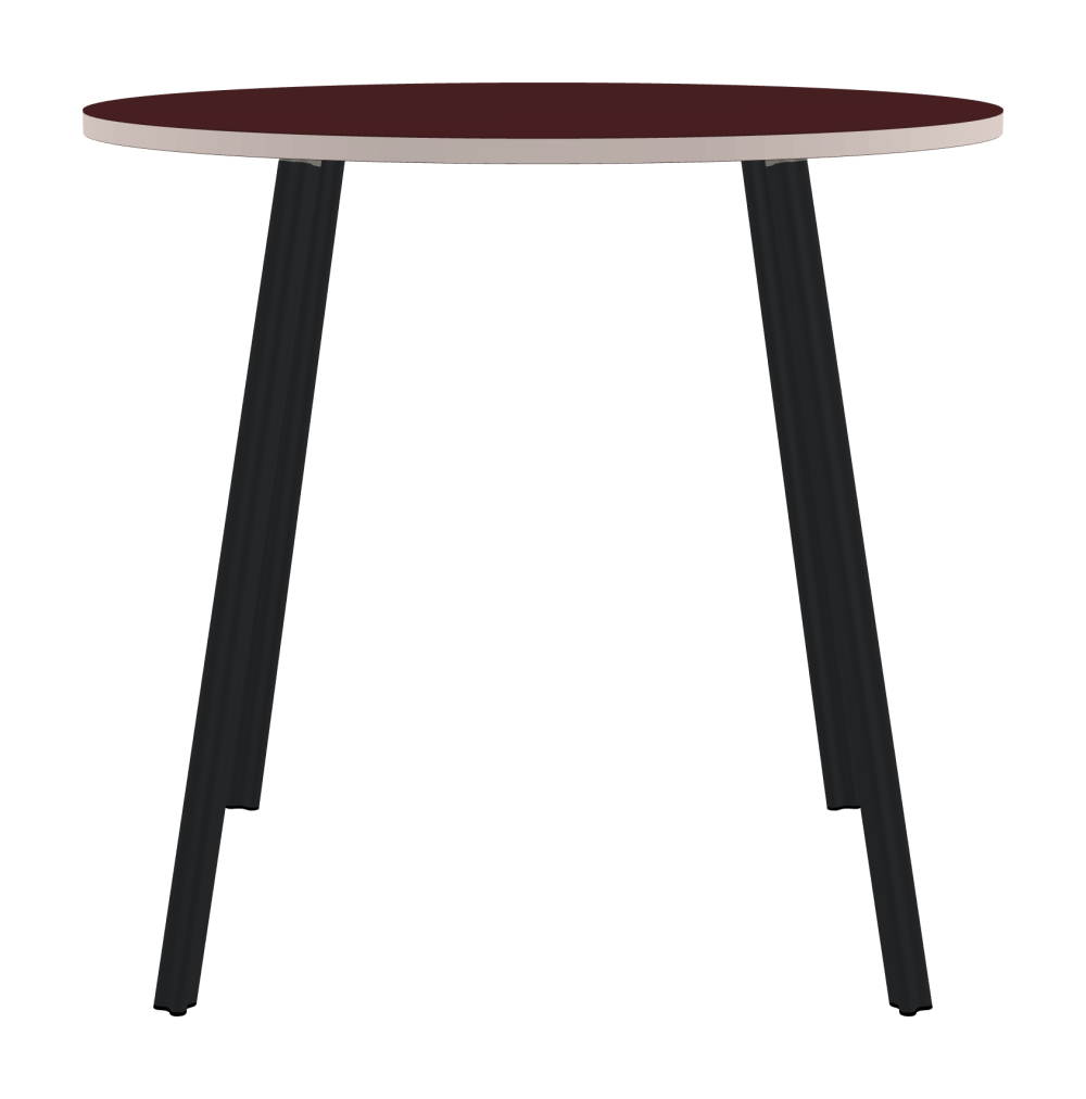 BEAM Table - Shape Round - Length 120,00 cm - Width 120,00 cm - Thickness 3 cm - Freeform 1.00000000 - Surface Linoleum, 4154 Burgundy - Core Laminboard - Edge Linoleum, 4185 Powder – Phasing Out - Profile Edge 90° / BEAM Table Legs - Material and Colour Aluminium, powder-coated, Black grey (RAL 7021) - Profile strength Standard - Height 102 cm - Set 4 Legs