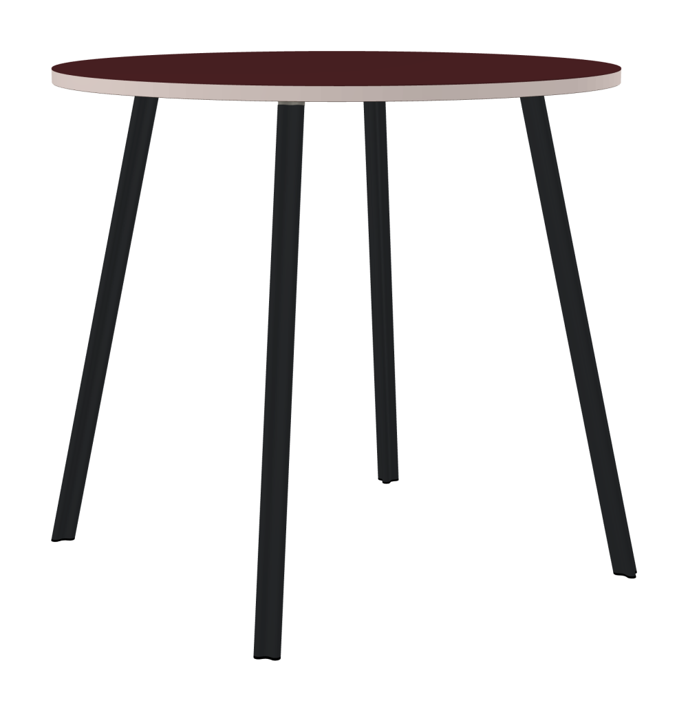 BEAM Table - Shape Round - Length 120,00 cm - Width 120,00 cm - Thickness 3 cm - Freeform 1.00000000 - Surface Linoleum, 4154 Burgundy - Core Laminboard - Edge Linoleum, 4185 Powder – Phasing Out - Profile Edge 90° / BEAM Table Legs - Material and Colour Aluminium, powder-coated, Black grey (RAL 7021) - Profile strength Standard - Height 102 cm - Set 4 Legs