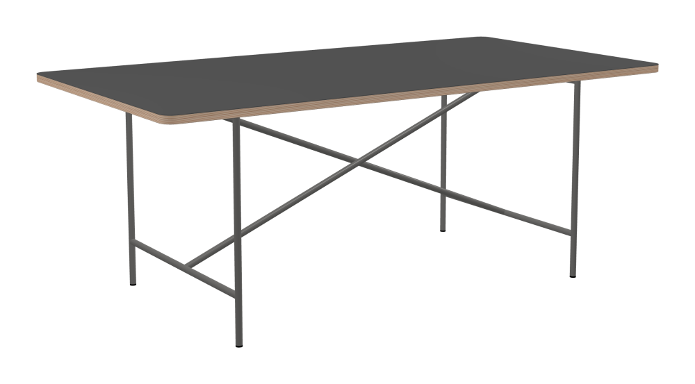 E2 Tisch - Form Eckig - Länge 190,00 cm - Tiefe 100,00 cm - Radius 4,00 cm - Stärke 2,6 cm - Freiformfläche 1.00000000 - Oberseite Linoleum, 4012 Basalt - Kern Multiplex Birke - Kantenschräge 90° / E2 Tischgestell - Material und Farbe Stahl, Klarlackiert - Kreuzstreben Mittig - Länge 135 cm - Breite 78 cm - Höhe 72 cm