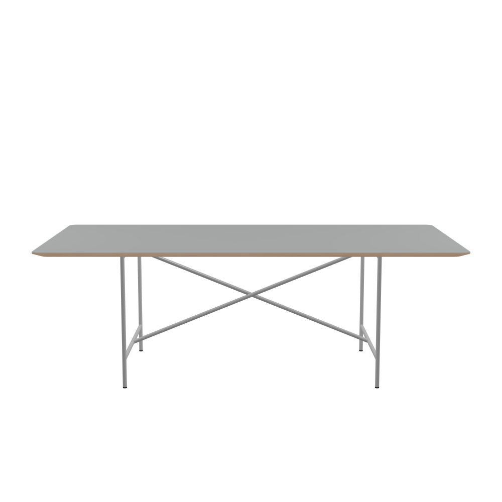 E2 Table - Shape Square - Length 220.00 cm - Width 110.00 cm - Radius 4.00 cm - Thickness 2.6 cm - Freeform 1.00000000 - Surface Linoleum, 4132 Ash - Core Birch Plywood - Profile Edge 25° / E2 Table Frame - Material and Colour Steel, White aluminium (RAL 9006) - Cross bar Centered - Length 135 cm - Width 78 cm - Height 72 cm