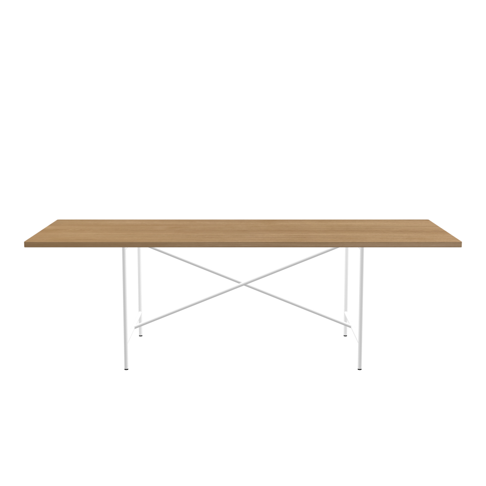E2 Table - Shape Square - Length 240.00 cm - Width 95.00 cm - Radius 1.00 cm - Thickness 2.9 cm - Surface Wood Veneer, Oak - Core Laminboard - Edge Wood, Oak - Profile Edge 90° / E2 Table Frame - Material and Colour Steel, Traffic white (RAL 9016) - Cross bar Centered - Length 135 cm - Width 78 cm - Height 72 cm