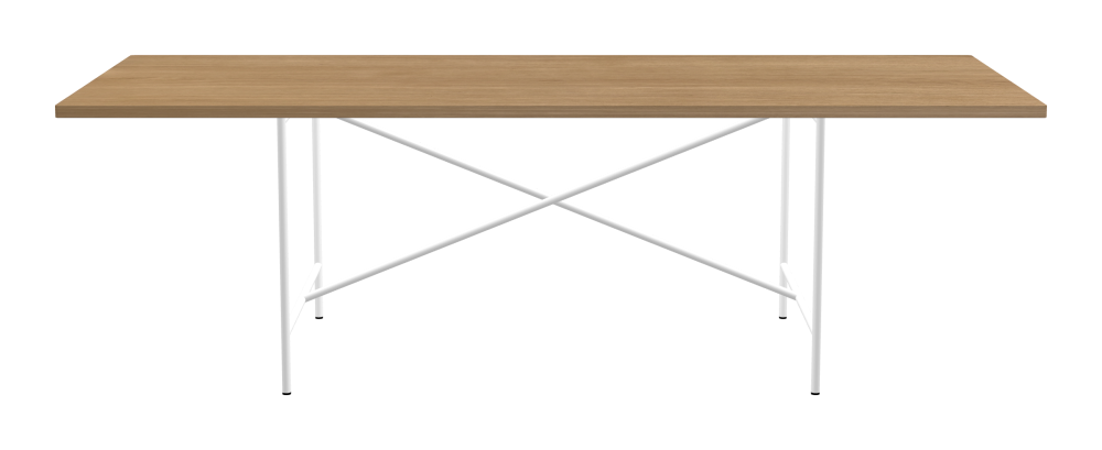 E2 Tisch - Form Eckig - Länge 240,00 cm - Tiefe 95,00 cm - Radius 1,00 cm - Stärke 2,9 cm - Oberseite Holzfurnier, Eiche - Kern Stäbchenplatte - Kante Holz, Eiche - Kantenschräge 90° / E2 Tischgestell - Material und Farbe Stahl, Verkehrsweiß (RAL 9016) - Kreuzstreben Mittig - Länge 135 cm - Breite 78 cm - Höhe 72 cm