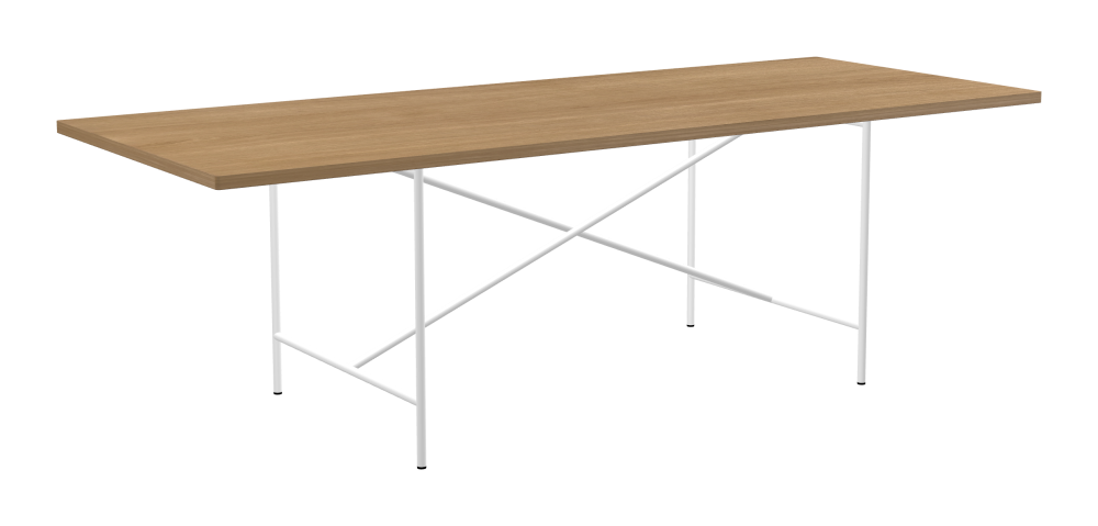 E2 Tisch - Form Eckig - Länge 240,00 cm - Tiefe 95,00 cm - Radius 1,00 cm - Stärke 2,9 cm - Oberseite Holzfurnier, Eiche - Kern Stäbchenplatte - Kante Holz, Eiche - Kantenschräge 90° / E2 Tischgestell - Material und Farbe Stahl, Verkehrsweiß (RAL 9016) - Kreuzstreben Mittig - Länge 135 cm - Breite 78 cm - Höhe 72 cm