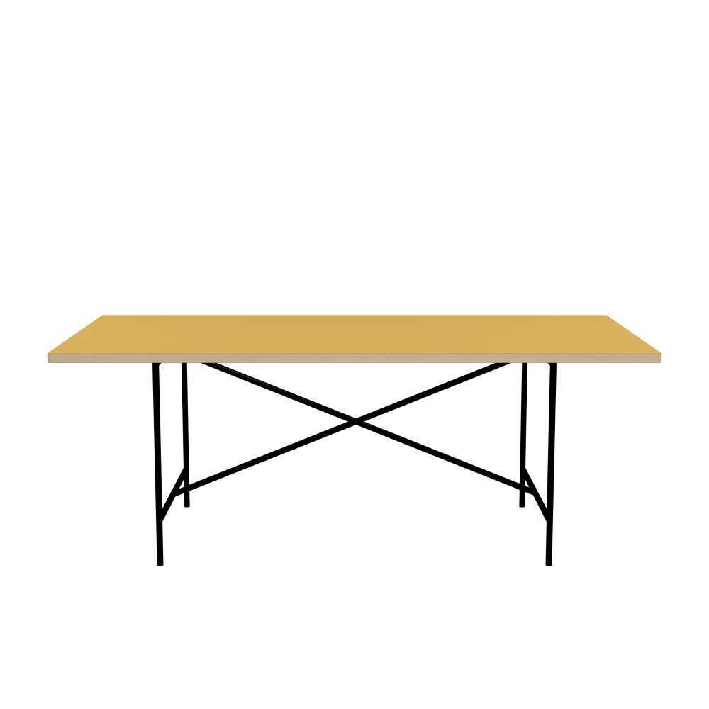 E2 Table - Shape Square - Length 200.00 cm - Width 100.00 cm - Radius 1.00 cm - Thickness 3 cm - Surface Linoleum, S588 Pure Linoleum - Core Laminboard - Edge Wood, Ash - Profile Edge 90° / E2 Table Frame - Material and Colour Steel, Jet black (RAL 9005) - Cross bar Centered - Length 135 cm - Width 78 cm - Height 72 cm