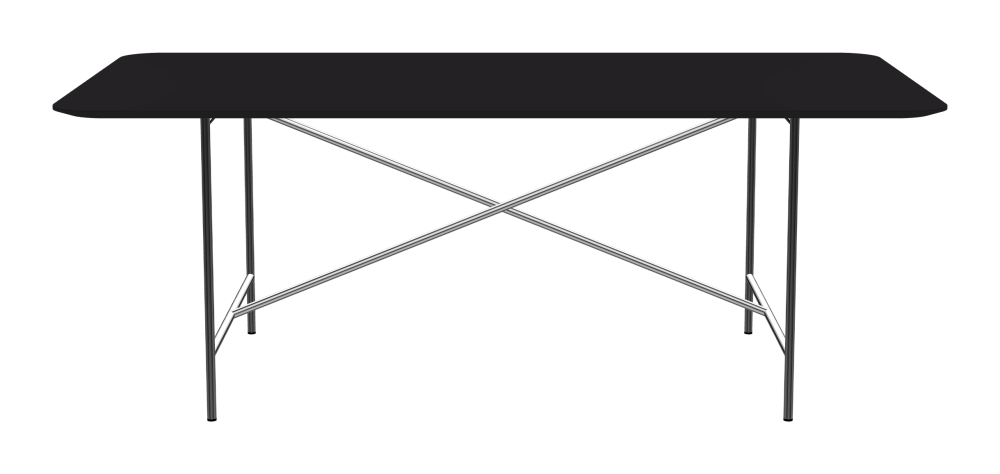 E2 Tisch - Form Eckig - Länge 200,00 cm - Tiefe 100,00 cm - Radius 10,00 cm - Stärke 2,1 cm - Freiformfläche 1.00000000 - Oberseite Linoleum, 4166 Charcoal - Kern MDF - Kante MDF, Schwarz - Kantenschräge 25° / E2 Tischgestell - Material und Farbe Stahl, Verchromt - Kreuzstreben Mittig - Länge 135 cm - Breite 78 cm - Höhe 72 cm