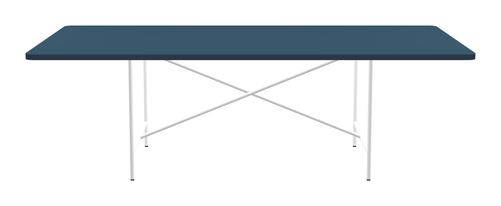 E2 Tisch - Form Eckig - Länge 240,00 cm - Tiefe 120,00 cm - Radius 5,00 cm - Stärke 3 cm - Freiformfläche 1.00000000 - Oberseite Linoleum, 4005 Denim - Kern Stäbchenplatte - Kante Linoleum, 4179 Smokey Blue - Kantenschräge 90° / E2 Tischgestell - Material und Farbe Stahl, Verkehrsweiß (RAL 9016) - Kreuzstreben Mittig - Länge 135 cm - Breite 78 cm - Höhe 72 cm