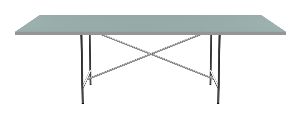 E2 Tisch - Form Eckig - Länge 250,00 cm - Tiefe 120,00 cm - Radius 0,30 cm - Stärke 3 cm - Oberseite Linoleum, 4004 Blue Haze - Kern Stäbchenplatte - Kante Linoleum, 4175 Pebble - Kantenschräge 90° / E2 Tischgestell - Material und Farbe Stahl, Verchromt - Kreuzstreben Mittig - Länge 135 cm - Breite 78 cm - Höhe 72 cm