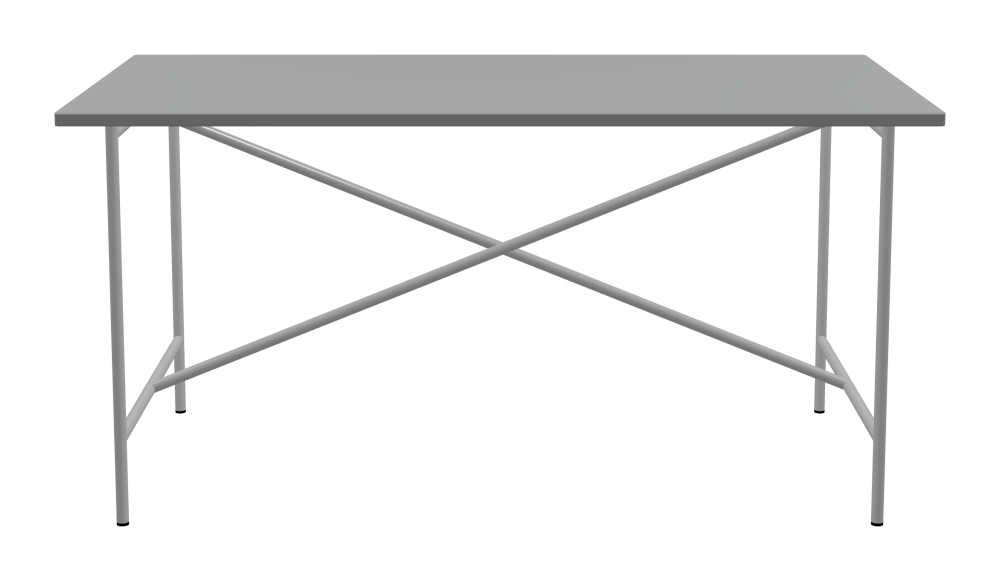 E2 Tisch - Form Eckig - Länge 150,00 cm - Tiefe 80,00 cm - Radius 1,00 cm - Stärke 2,1 cm - Freiformfläche 1.00000000 - Oberseite Linoleum, 4132 Ash - Kern MDF - Kante MDF, Grau - Kantenschräge 90° / E2 Tischgestell - Material und Farbe Stahl, Weißaluminium (RAL 9006) - Kreuzstreben Mittig - Länge 135 cm - Breite 70 cm - Höhe 72 cm