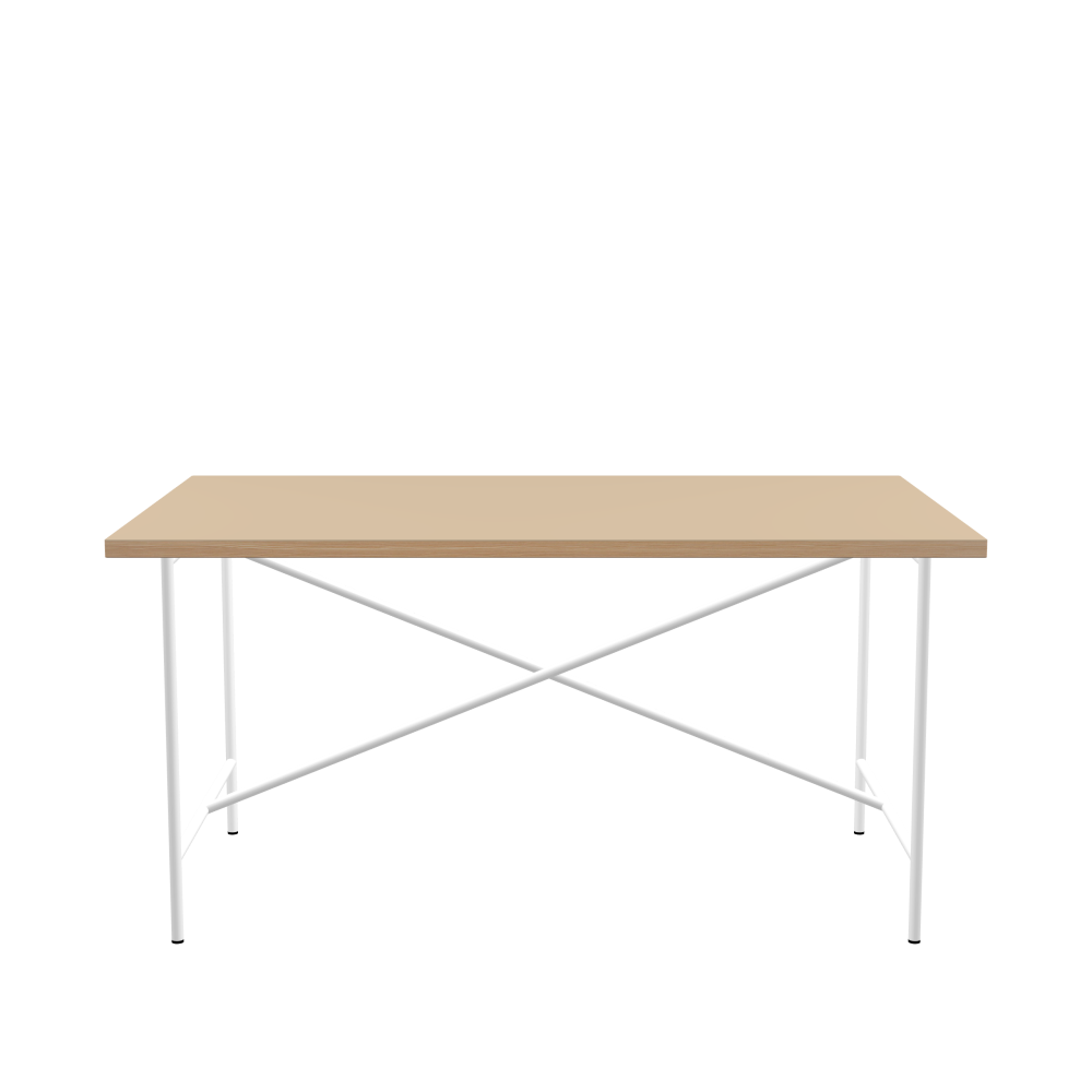 E2 Tisch - Form Eckig - Länge 150,00 cm - Tiefe 90,00 cm - Radius 0,30 cm - Stärke 3 cm - Oberseite Linoleum, 4007 Macadamia - Kern Stäbchenplatte - Kante Holz, Lärche - Kantenschräge 90° / E2 Tischgestell - Material und Farbe Stahl, Verkehrsweiß (RAL 9016) - Kreuzstreben Mittig - Länge 135 cm - Breite 70 cm - Höhe 72 cm