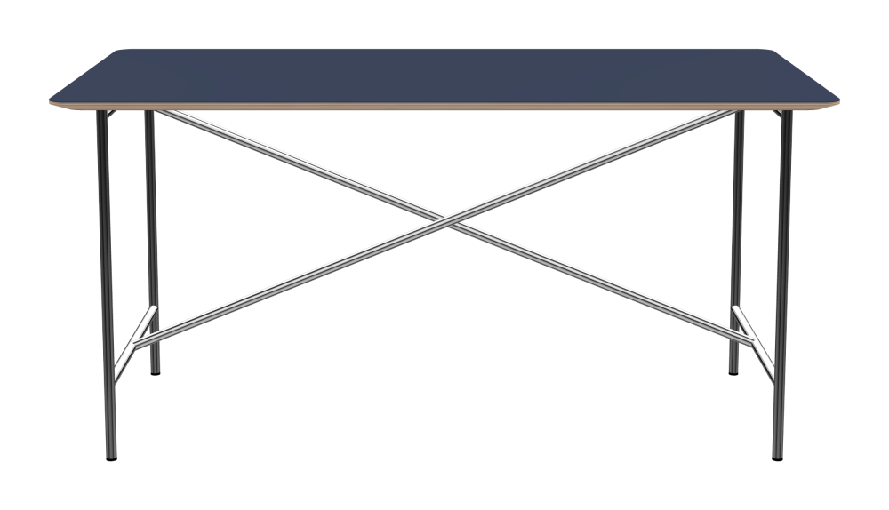 E2 Tisch - Form Eckig - Länge 150,00 cm - Tiefe 80,00 cm - Radius 4,00 cm - Stärke 2 cm - Freiformfläche 1.00000000 - Oberseite Linoleum, 4179 Smokey Blue - Kern Multiplex Birke - Kantenschräge 25° / E2 Tischgestell - Material und Farbe Stahl, Verchromt - Länge 135 cm - Breite 60 cm - Höhe 72 cm