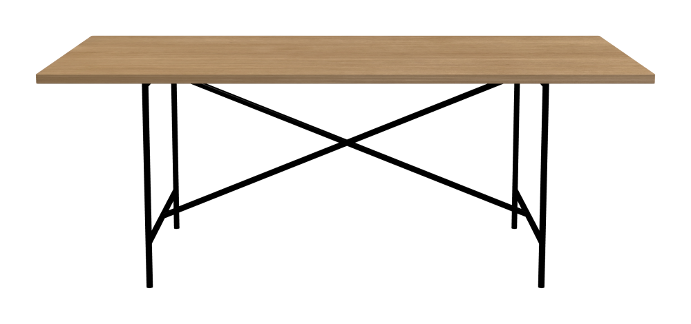 E2 Tisch - Form Eckig - Länge 200,00 cm - Tiefe 100,00 cm - Radius 1,00 cm - Stärke 2,9 cm - Oberseite Holzfurnier, Eiche - Kern Stäbchenplatte - Kante Holz, Eiche - Kantenschräge 90° / E2 Tischgestell - Material und Farbe Stahl, Tiefschwarz (RAL 9005) - Kreuzstreben Mittig - Länge 135 cm - Breite 78 cm - Höhe 72 cm