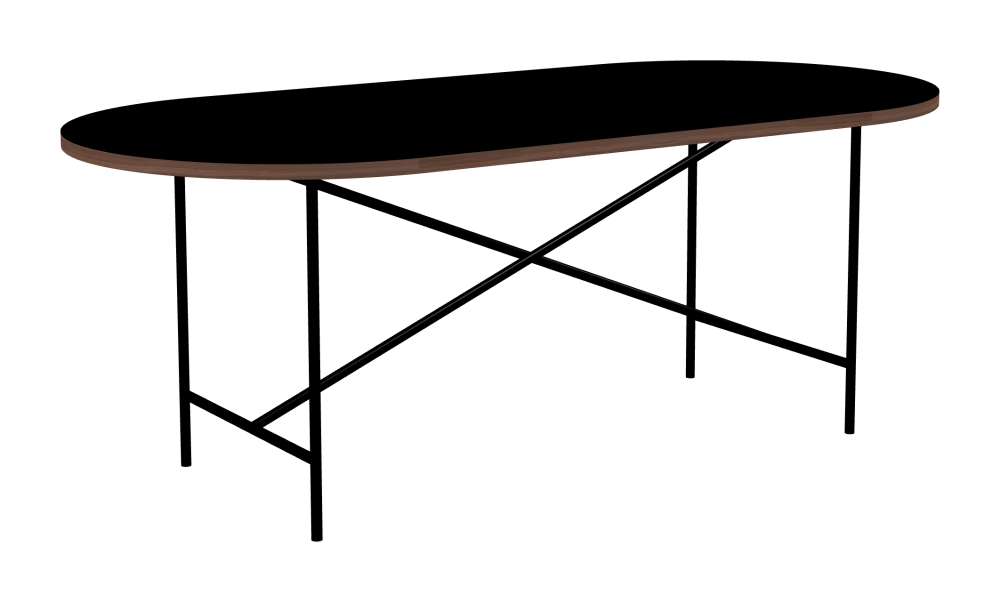E2 Tisch - Form Eckig - Länge 200,00 cm - Tiefe 95,00 cm - Radius 47,50 cm - Stärke 3 cm - Freiformfläche 1.00000000 - Oberseite Linoleum, 4023 Nero - Kern Stäbchenplatte - Kante Holz, Walnuß - Kantenschräge 90° / E2 Tischgestell - Material und Farbe Stahl, Tiefschwarz (RAL 9005) - Kreuzstreben Mittig - Länge 135 cm - Breite 60 cm - Höhe 72 cm