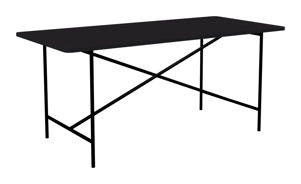 E2 Tisch - Form Eckig - Länge 170,00 cm - Tiefe 80,00 cm - Radius 4,00 cm - Stärke 2,1 cm - Freiformfläche 1.00000000 - Oberseite Linoleum, 4166 Charcoal - Kern MDF - Kante MDF, Schwarz - Kantenschräge 90° / E2 Tischgestell - Material und Farbe Stahl, Tiefschwarz (RAL 9005) - Kreuzstreben Mittig - Länge 135 cm - Breite 70 cm - Höhe 72 cm
