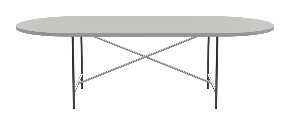 E2 Tisch - Form Eckig - Länge 250,00 cm - Tiefe 120,00 cm - Radius 60,00 cm - Stärke 3 cm - Freiformfläche 1.00000000 - Oberseite Linoleum, 4175 Pebble - Kern Stäbchenplatte - Kante Linoleum, 4175 Pebble - Kantenschräge 90° / E2 Tischgestell - Material und Farbe Stahl, Verchromt - Kreuzstreben Mittig - Länge 135 cm - Breite 78 cm - Höhe 72 cm