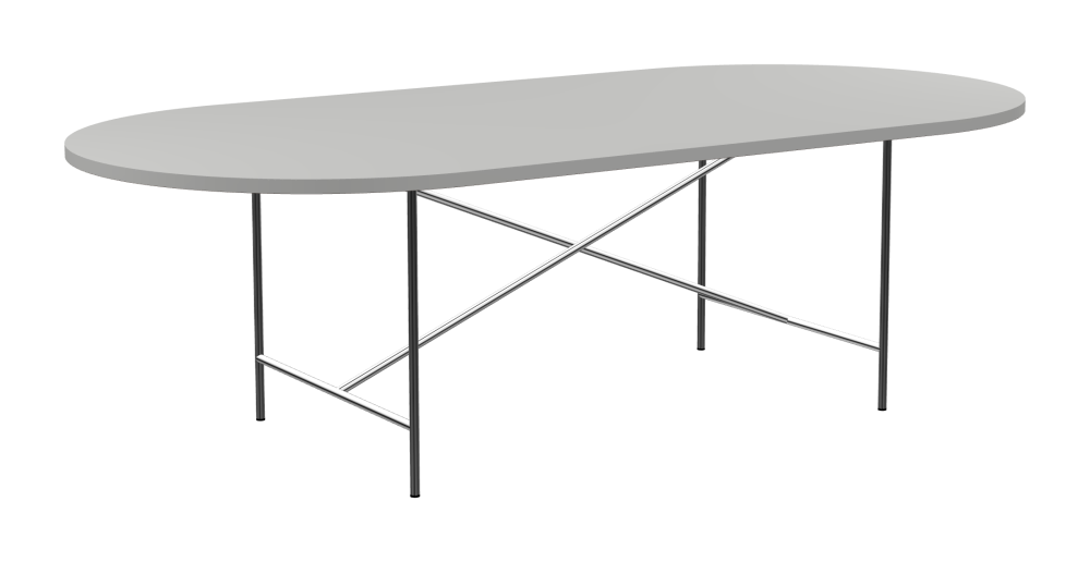 E2 Tisch - Form Eckig - Länge 250,00 cm - Tiefe 120,00 cm - Radius 60,00 cm - Stärke 3 cm - Freiformfläche 1.00000000 - Oberseite Linoleum, 4175 Pebble - Kern Stäbchenplatte - Kante Linoleum, 4175 Pebble - Kantenschräge 90° / E2 Tischgestell - Material und Farbe Stahl, Verchromt - Kreuzstreben Mittig - Länge 135 cm - Breite 78 cm - Höhe 72 cm