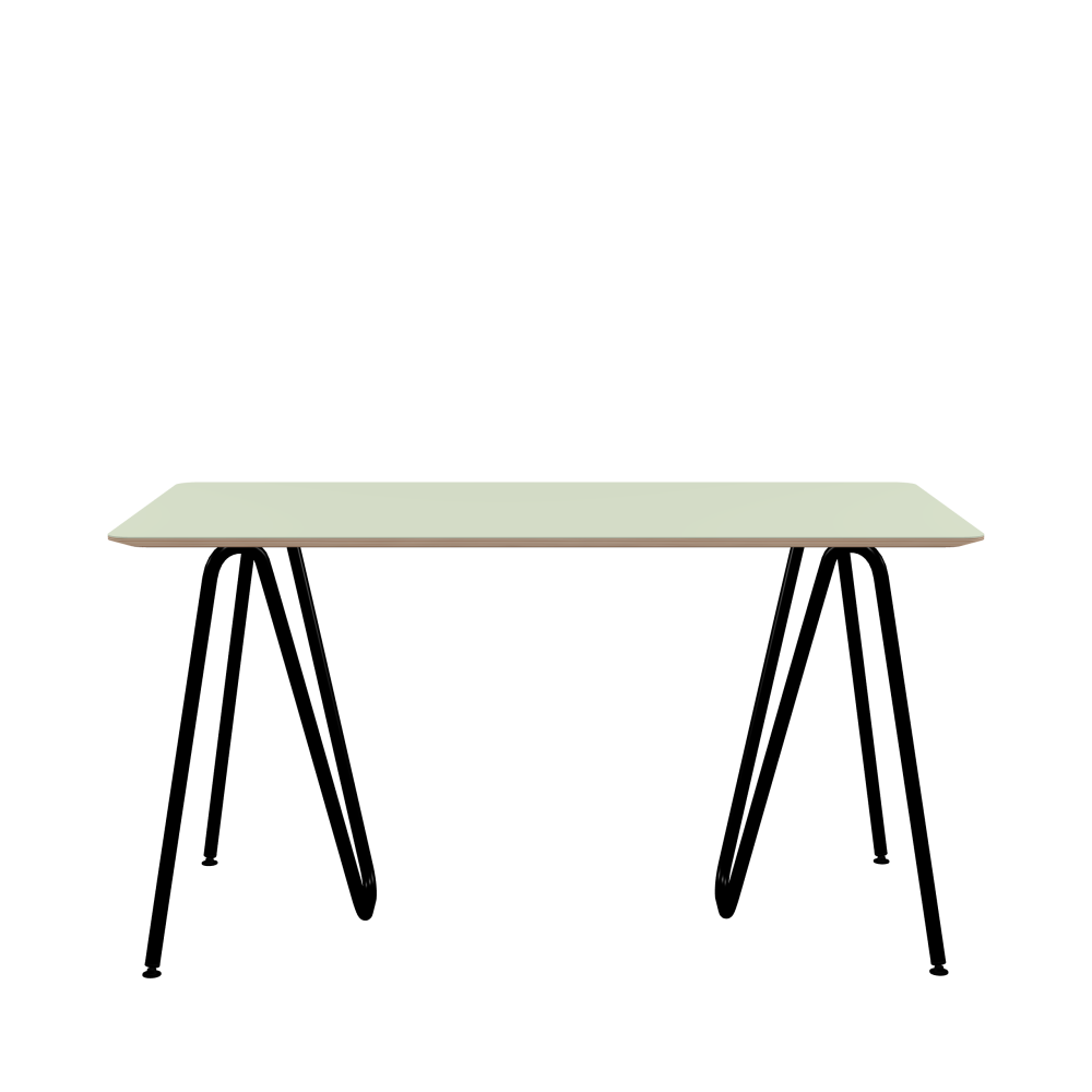 SINUS Table - Shape Square - Length 140.00 cm - Width 70.00 cm - Radius 4.00 cm - Thickness 2 cm - Freeform 1.00000000 - Surface Linoleum, 4183 Pistachio - Core Birch Plywood - Profile Edge 25° / SINUS Trestles - Material and Colour Steel, Powder-coated, Jet black (RAL 9005) - Size M: L 63 × W 36 × H 72 cm