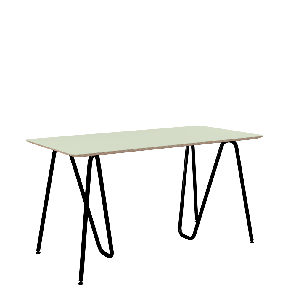 SINUS Table - Shape Square - Length 140.00 cm - Width 70.00 cm - Radius 4.00 cm - Thickness 2 cm - Freeform 1.00000000 - Surface Linoleum, 4183 Pistachio - Core Birch Plywood - Profile Edge 25° / SINUS Trestles - Material and Colour Steel, Powder-coated, Jet black (RAL 9005) - Size M: L 63 × W 36 × H 72 cm