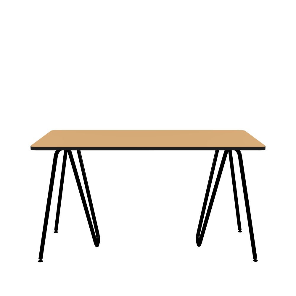 SINUS Table - Shape Square - Length 140.00 cm - Width 80.00 cm - Radius 4.00 cm - Thickness 2.1 cm - Freeform 1.00000000 - Surface Linoleum, 4001 Clay - Core MDF - Edge MDF, Black - Profile Edge 90° / SINUS Trestles - Material and Colour Steel, Powder-coated, Jet black (RAL 9005) - Size M: L 63 × W 36 × H 72 cm