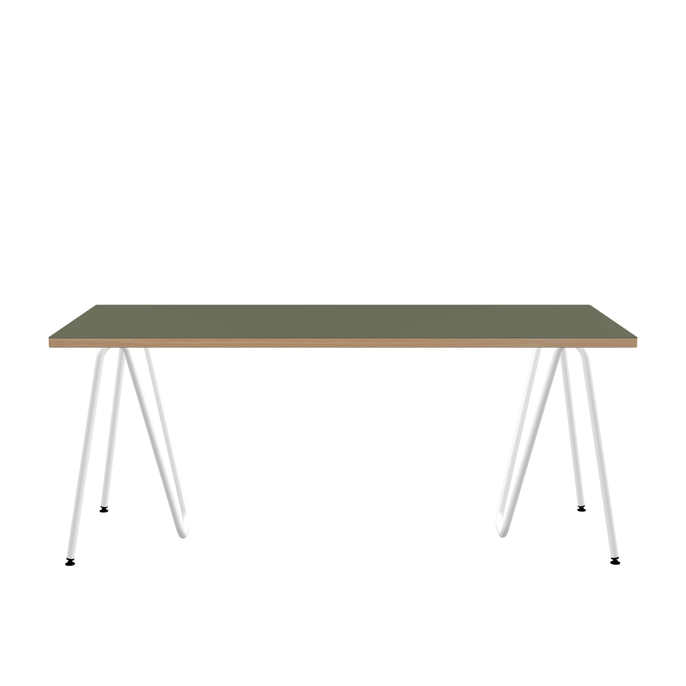 SINUS Table - Shape Square - Length 180.00 cm - Width 80.00 cm - Radius 1.00 cm - Thickness 3 cm - Surface Linoleum, 4184 Olive - Core Laminboard - Edge Wood, Larch - Profile Edge 90° / SINUS Trestles - Material and Colour Steel, Powder-coated, Traffic white (RAL 9016) - Size M: L 63 × W 36 × H 72 cm
