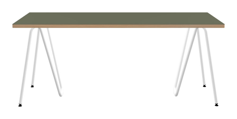 SINUS Tisch - Form Eckig - Länge 180,00 cm - Tiefe 80,00 cm - Radius 1,00 cm - Stärke 3 cm - Oberseite Linoleum, 4184 Olive - Kern Stäbchenplatte - Kante Holz, Lärche - Kantenschräge 90° / SINUS Tischböcke - Material und Farbe Stahl, Pulverbeschichtet, Verkehrsweiß (RAL 9016) - Größe M: L 63 × B 36 × H 72 cm