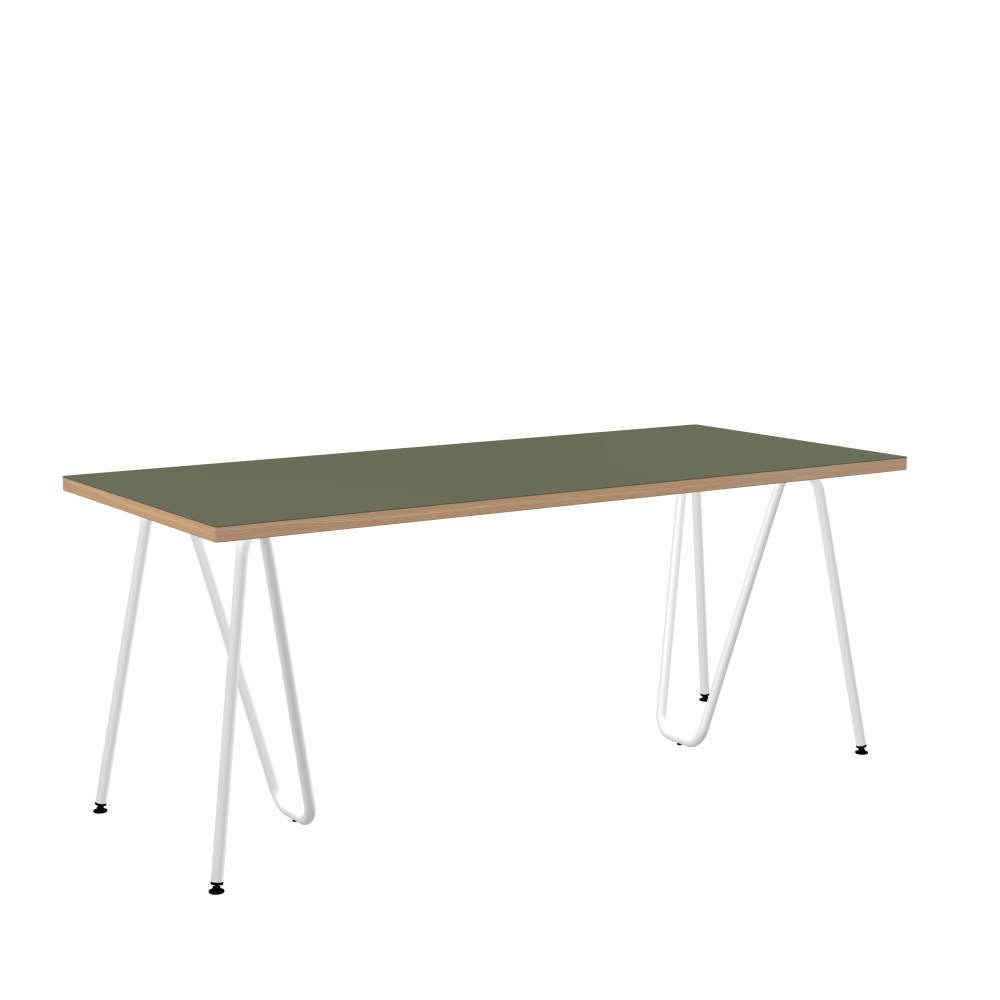 SINUS Table - Shape Square - Length 180.00 cm - Width 80.00 cm - Radius 1.00 cm - Thickness 3 cm - Surface Linoleum, 4184 Olive - Core Laminboard - Edge Wood, Larch - Profile Edge 90° / SINUS Trestles - Material and Colour Steel, Powder-coated, Traffic white (RAL 9016) - Size M: L 63 × W 36 × H 72 cm