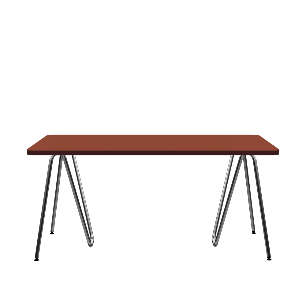 SINUS Table - Shape Square - Length 160.00 cm - Width 80.00 cm - Radius 5.00 cm - Thickness 3 cm - Freeform 1.00000000 - Surface Linoleum, 4008 Brick - Core Laminboard - Edge Linoleum, 4154 Burgundy - Profile Edge 90° / SINUS Trestles - Material and Colour Steel, Chrome-plated - Size M: L 63 × W 36 × H 72 cm