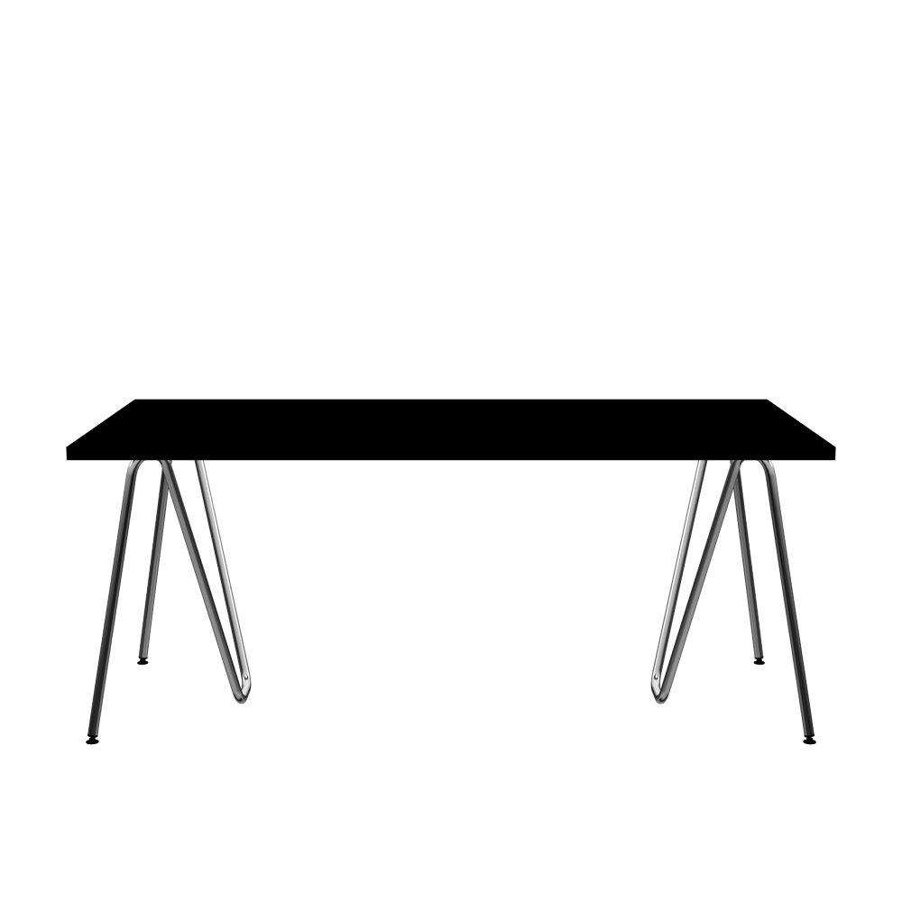 SINUS Table - Shape Square - Length 180.00 cm - Width 90.00 cm - Radius 0.30 cm - Thickness 3 cm - Surface Linoleum, 4023 Nero - Core Laminboard - Edge Linoleum, 4023 Nero - Profile Edge 90° / SINUS Trestles - Material and Colour Steel, Chrome-plated - Size L: L 74 × W 36 × H 72 cm
