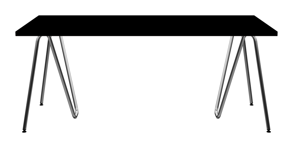 SINUS Tisch - Form Eckig - Länge 180,00 cm - Tiefe 90,00 cm - Radius 0,30 cm - Stärke 3 cm - Oberseite Linoleum, 4023 Nero - Kern Stäbchenplatte - Kante Linoleum, 4023 Nero - Kantenschräge 90° / SINUS Tischböcke - Material und Farbe Stahl, Verchromt - Größe L: L 74 × B 36 × H 72 cm