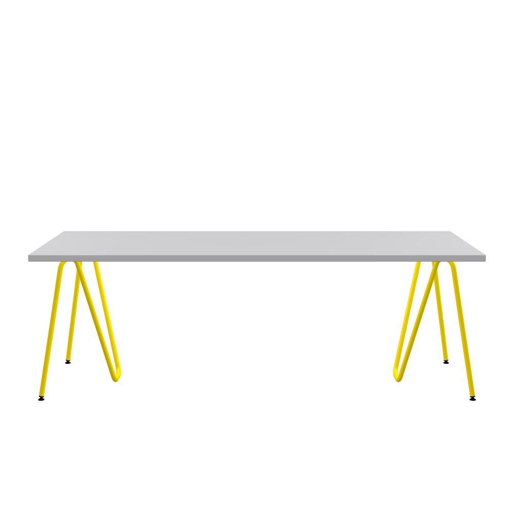 SINUS Table - Shape Square - Length 220.00 cm - Width 90.00 cm - Radius 0.30 cm - Thickness 3 cm - Surface Linoleum, 4177 Vapour - Core Laminboard - Edge Linoleum, 4177 Vapour - Profile Edge 90° / SINUS Trestles - Material and Colour Steel, Powder-coated, Zinc yellow (RAL 1018) - Size L: L 74 × W 36 × H 72 cm